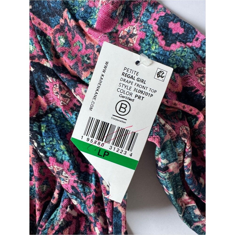 Karen Kane Pink Multicolor Abstract Print Drape Front Top Size Large Petite NWT - Picture 4 of 8
